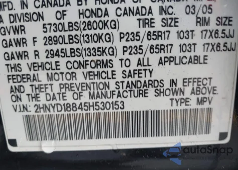 2005 Acura Mdx z USA, uszkodzony, nr VIN 2HNYD18845H530153